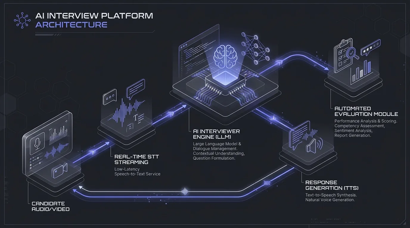 AI Interview Platform architecture: candidate audio and video feeds a real-time speech-to-text stream, into an LLM interviewer engine handling dialogue management and question formulation, out through text-to-speech response generation back to the candidate, with a parallel branch into an automated evaluation module producing scoring and reports.