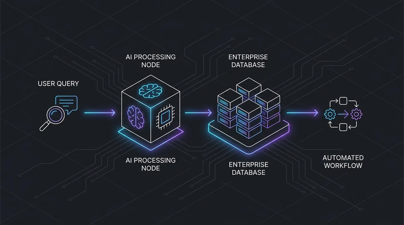 Architecture diagram for an AI-powered SaaS platform: a user query passes through an AI processing node and an enterprise database into an automated workflow.